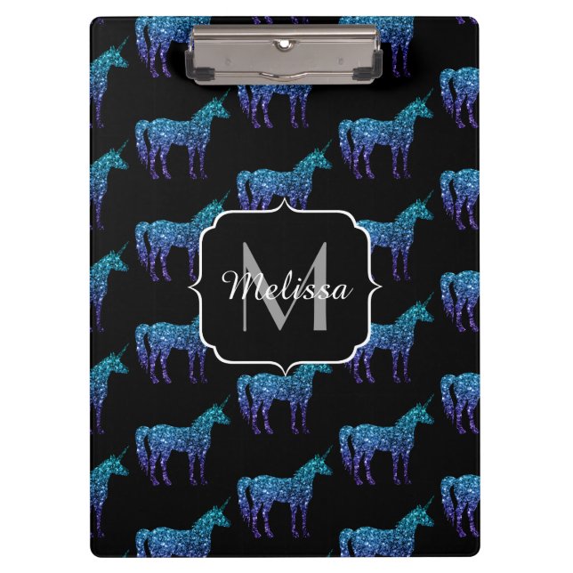 Unicorn Glitzern Aqua-blaues Omermuster Monogram Klemmbrett (Vorderseite)