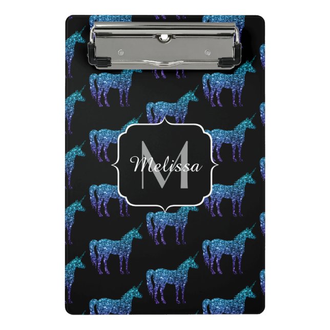 Unicorn Glitzern Aqua-blaues Omermuster Monogram Mini Klemmbrett (Vorderseite)