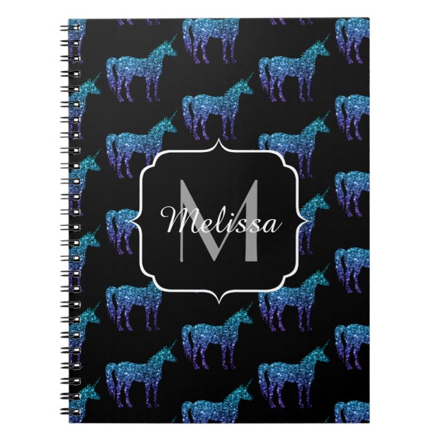Unicorn Glitzern Aqua-blaues Omermuster Monogram Notizblock (Vorderseite)