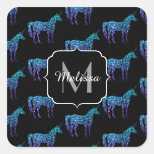 Unicorn Glitzern Aqua-blaues Omermuster Monogram Quadratischer Aufkleber