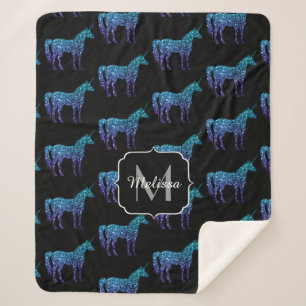 Unicorn Glitzern Aqua-blaues Omermuster Monogram Sherpadecke