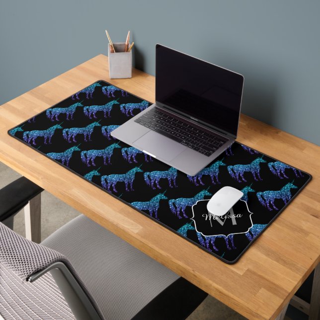 Unicorn Glitzern Aqua Blue Obre Black Monogram Schreibtischunterlage (Büro 2)