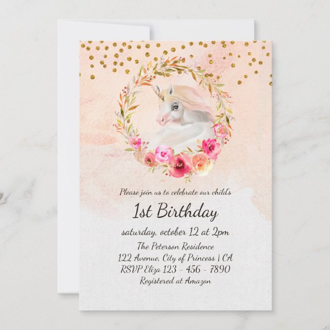 Unicorn Gold Glitzer Pink Baby Girl Erstgeburt Einladung (Vorderseite)