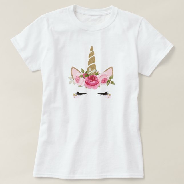 Unicorn Gold Pink Floral Niedlich Trendy Girly T - T-Shirt (Design vorne)