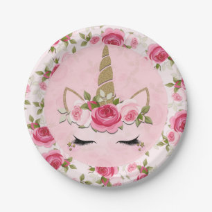 Unicorn Gold Pink Floral Rose Niedlich Trendy Pappteller