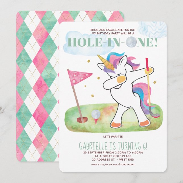 Unicorn Golf Birthday Party Einladung (Vorne/Hinten)