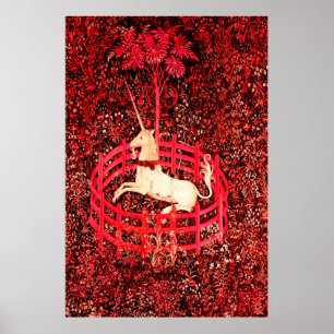 UNICORN GOTHIC FANTASY BLUME, RED FLORAL MOTIFS POSTER