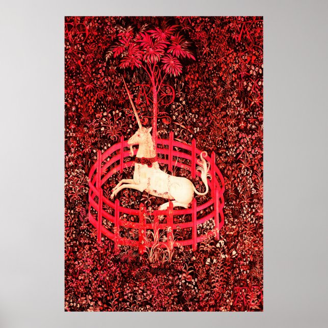 UNICORN GOTHIC FANTASY BLUME, RED FLORAL MOTIFS POSTER (Vorne)