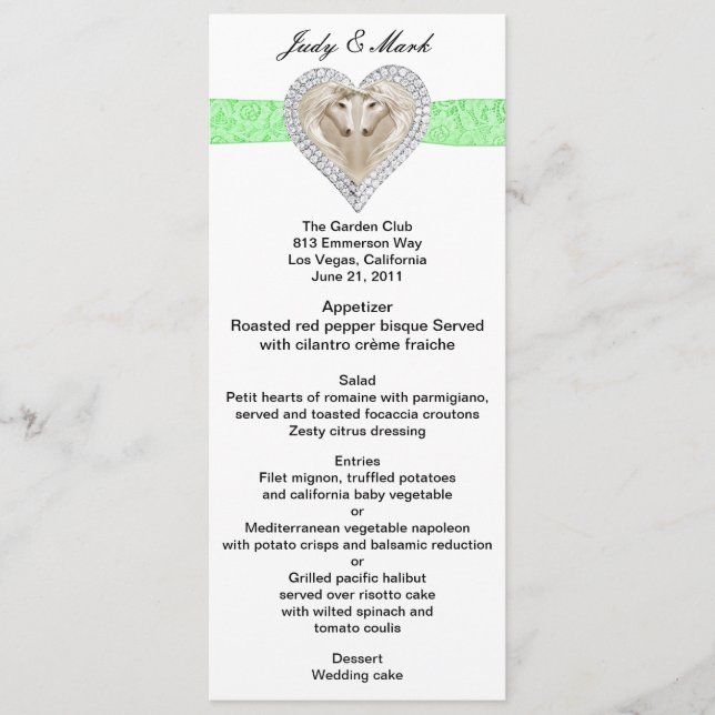 Unicorn Green Lace Wedding Menu Card Menükarte (Vorderseite)