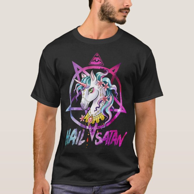 Unicorn Hail Satan Death Metal Rainbow Shirt Rave  (Vorderseite)