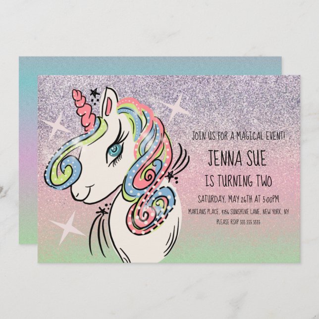 Unicorn Hand Drawn Ombré Rainbow Birthday Einladung (Vorne/Hinten)
