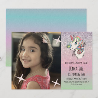 Unicorn Hand Drawn Ombré Rainbow Foto Geburtstag Einladung