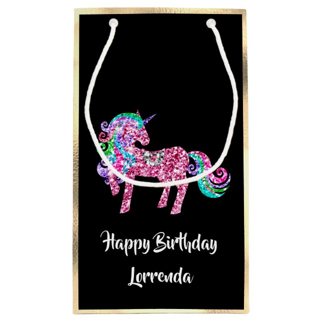 Unicorn Happy Birthday Name Gold Pink Girl Black Kleine Geschenktüte (Rückseite)