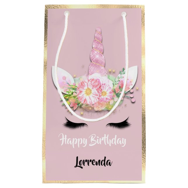 Unicorn Happy Birthday Name Gold Pink Girly Lash Kleine Geschenktüte (Vorderseite)