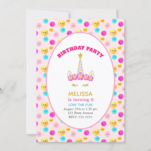 Unicorn & Happy Faces on Pink Birthday Party Einladung