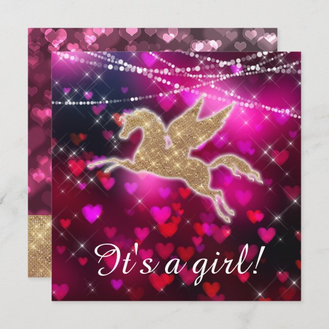 Unicorn Hearts Pink Baby Girl Dusche Einladung (Vorne/Hinten)