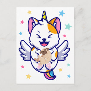 Unicorn Holding Hund Mops Kawaii Anime Postkarte