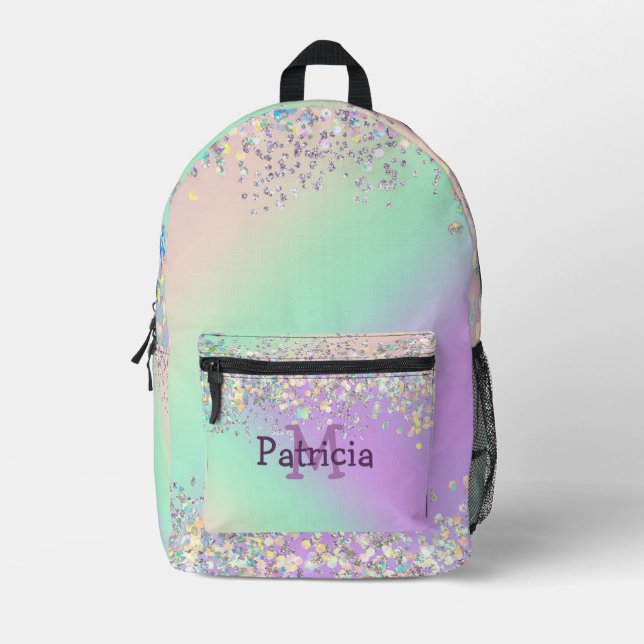 Unicorn Holographic Glitzer Bedruckter Rucksack (Vorderseite)