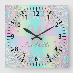 Unicorn Holographic Glitzer Quadratische Wanduhr