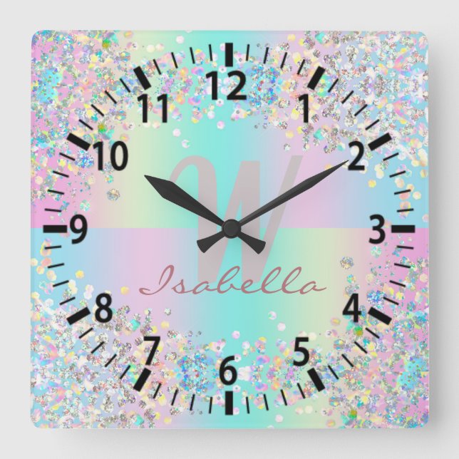 Unicorn Holographic Glitzer Quadratische Wanduhr (Vorderseite)