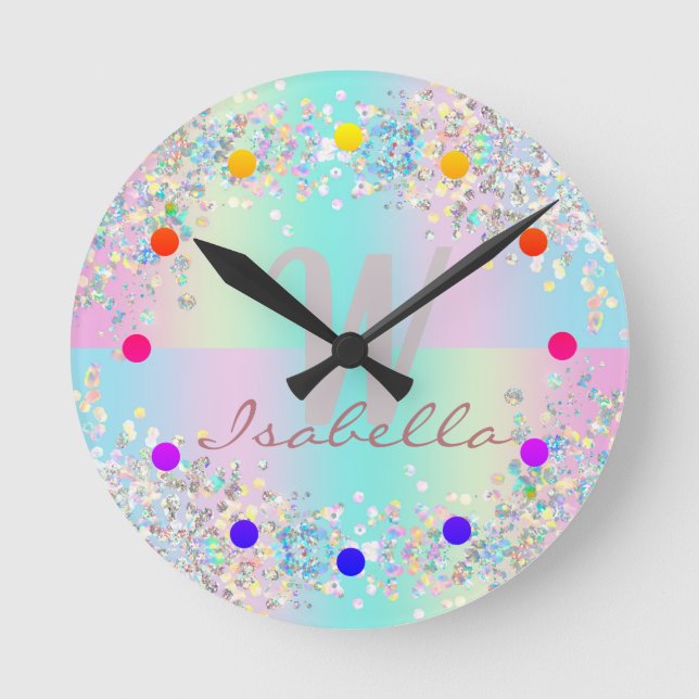 Unicorn Holographic Glitzer Runde Wanduhr (Vorderseite)