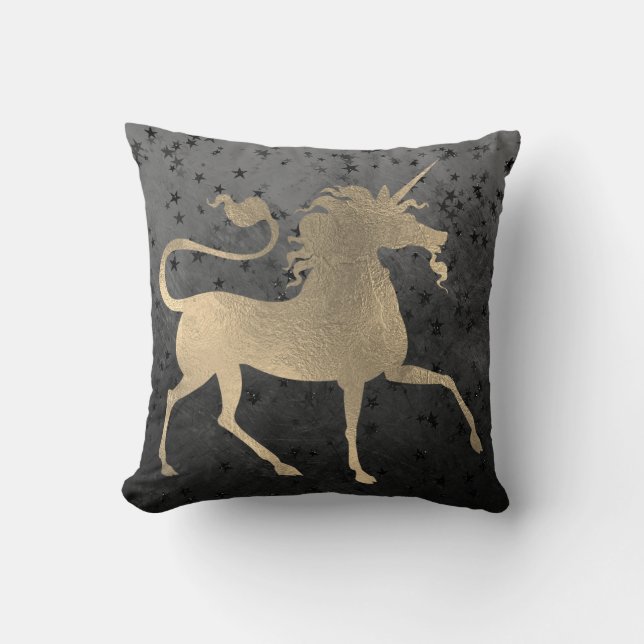 Unicorn Horse Princess Black Gold Starry Night Kissen (Vorderseite)