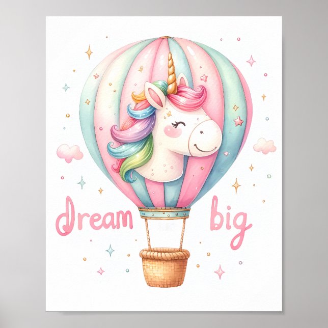 Unicorn Hot Air Ballon Kinderzimmer Art Poster (Vorne)