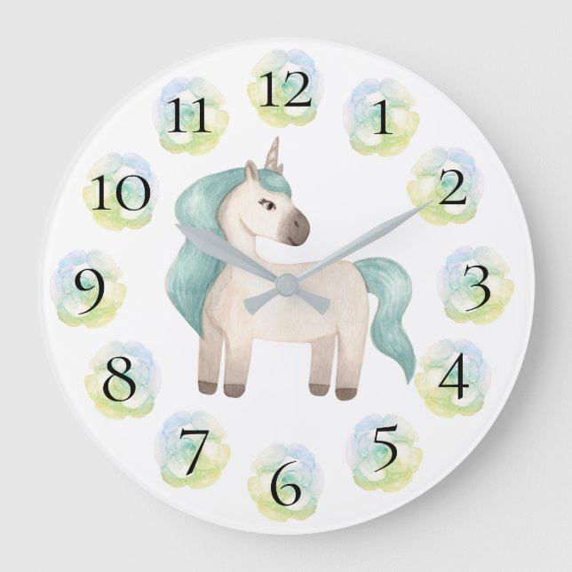 Unicorn Hübsche Girly Pastel Blumenuhr Große Wanduhr (Vorderseite)