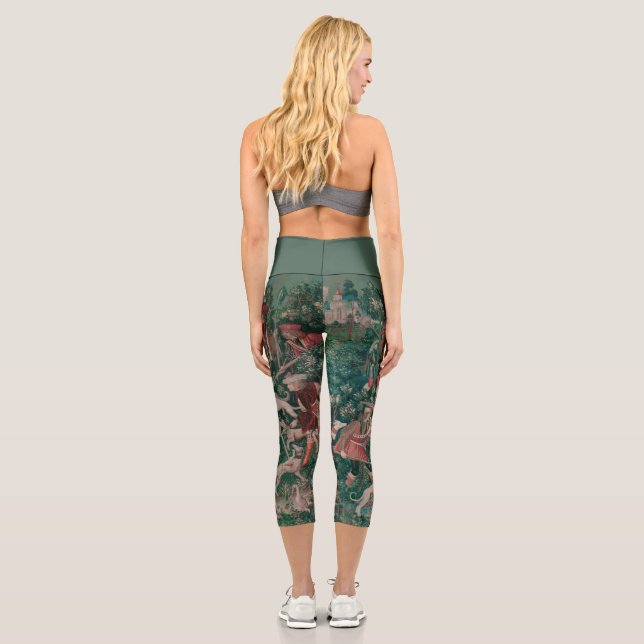 Unicorn Hunt Mittelalterliche Kunst, Einhorn verte Capri Leggings (Rückseite)