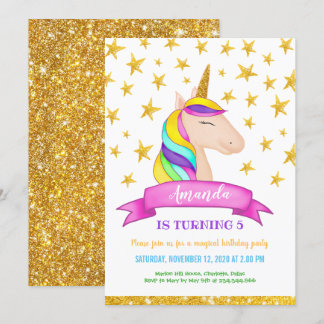 Unicorn Imitate Gold Glitzer Stars | Geburtstag Einladung