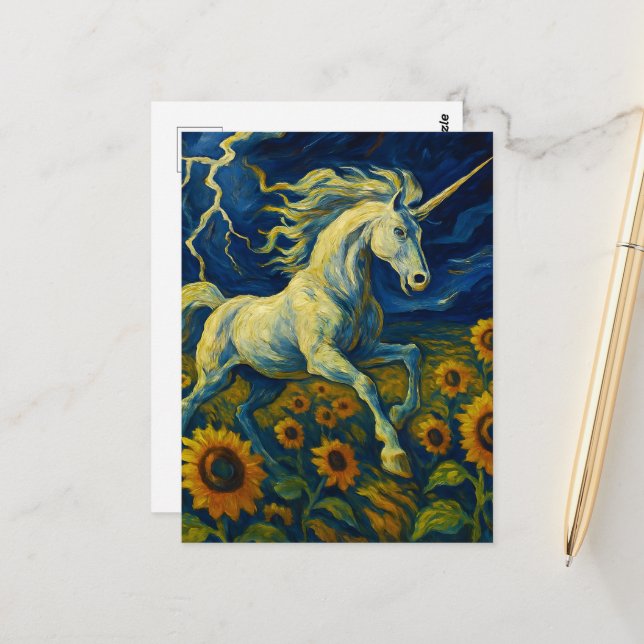 Unicorn in a Storm in Sunflowers Postkarte (Vorderseite/Rückseite Beispiel)