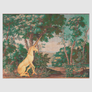 UNICORN IN GRÜNER HOLZLANDSCHAFT, BÄUME, GREENERIE SEIDENPAPIER