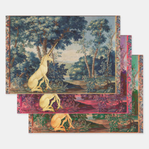 UNICORN IN HOLZLANDSCHAFT,BÄUME,GREENERIE GESCHENKPAPIER SET