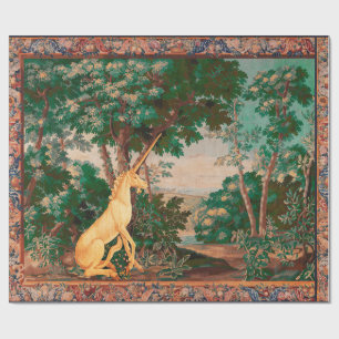 UNICORN IN HOLZLANDSCHAFT, BÄUME, GRÜNE PINK GESCHENKPAPIER