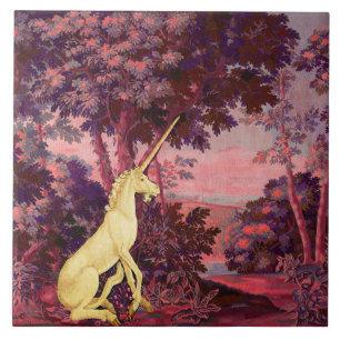 UNICORN IN HOLZLANDSCHAFT, BÄUME, Rosa Blau Fliese