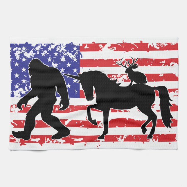 Unicorn, Jackalope, Bigfoot and the American Flag Geschirrtuch (Horizontal)