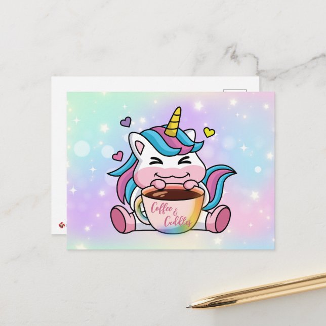 Unicorn-Kaffee und -Cuddles Postkarte (Vorderseite/Rückseite Beispiel)
