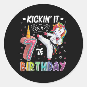Unicorn Karate 7. Geburtstag 7 Sieben Jahre alter Runder Aufkleber