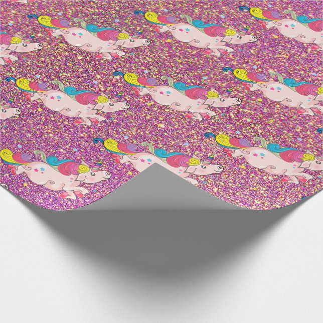 Unicorn Kawaii Rainbow Gold Lila Pink Glitzer Geschenkpapier (Ecke)