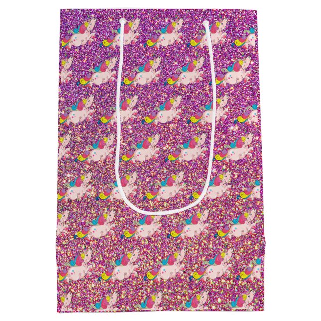 Unicorn Kawaii Rainbow Gold Lila Pink Glitzer Mittlere Geschenktüte (Rückseite)