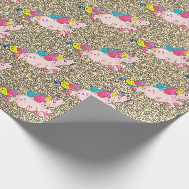 Unicorn Kawaii Rainbow Metallic Gold Glitzer Geschenkpapier (Ecke)