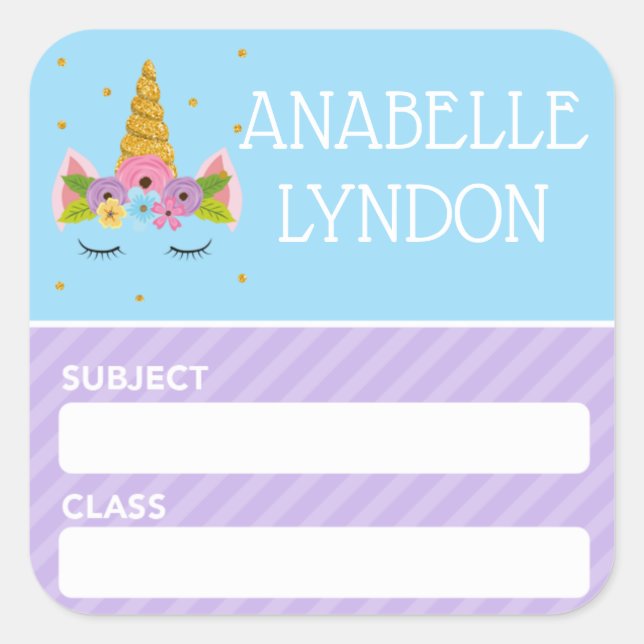 Unicorn Kind School Name Label | Editierbare Farbe Quadratischer Aufkleber (Vorderseite)