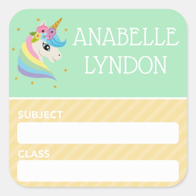 Unicorn Kind School Name Label | Editierbare Farbe Quadratischer Aufkleber (Vorderseite)