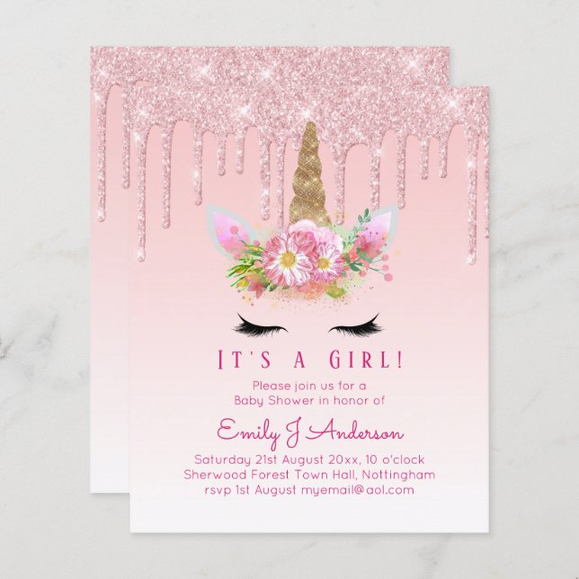 Unicorn Kinderdusche Einladung Pink Girls Niedlich (Vorne/Hinten)