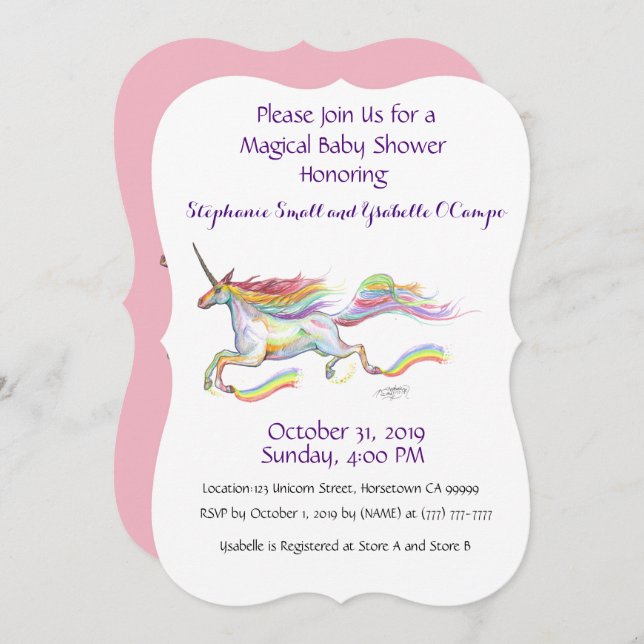 Unicorn Kinderdusche Einladung Regenbogen Custom P (Vorne/Hinten)