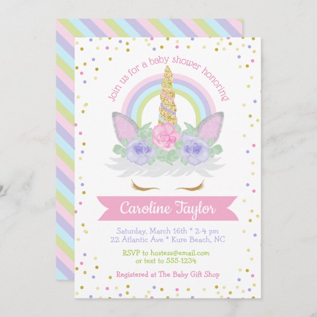 Unicorn Kinderdusche Rosa und Lila Regenbogen Einladung (Vorne/Hinten)