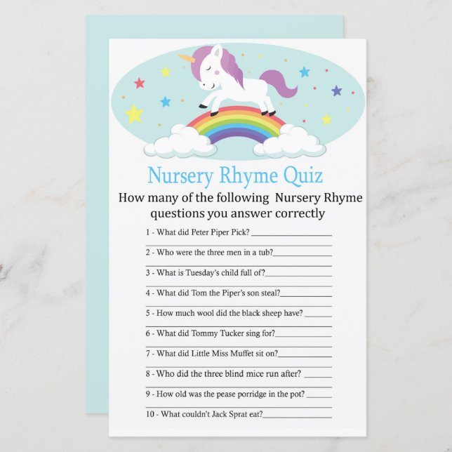 Unicorn Kinderzimmer Rhyme Quiz Kinderduschenspiel (Vorne/Hinten)