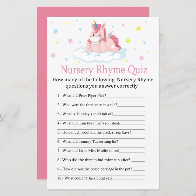 Unicorn Kinderzimmer Rhyme Quiz Kinderduschenspiel (Vorne/Hinten)