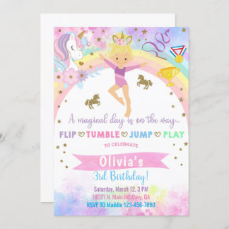 Unicorn Kopf Gymnastik blonde Mädchen Geburtstag. Einladung