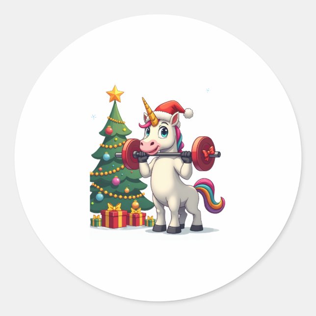 Unicorn Lifting Christmas Weightlifting Deadlift G Runder Aufkleber (Vorderseite)